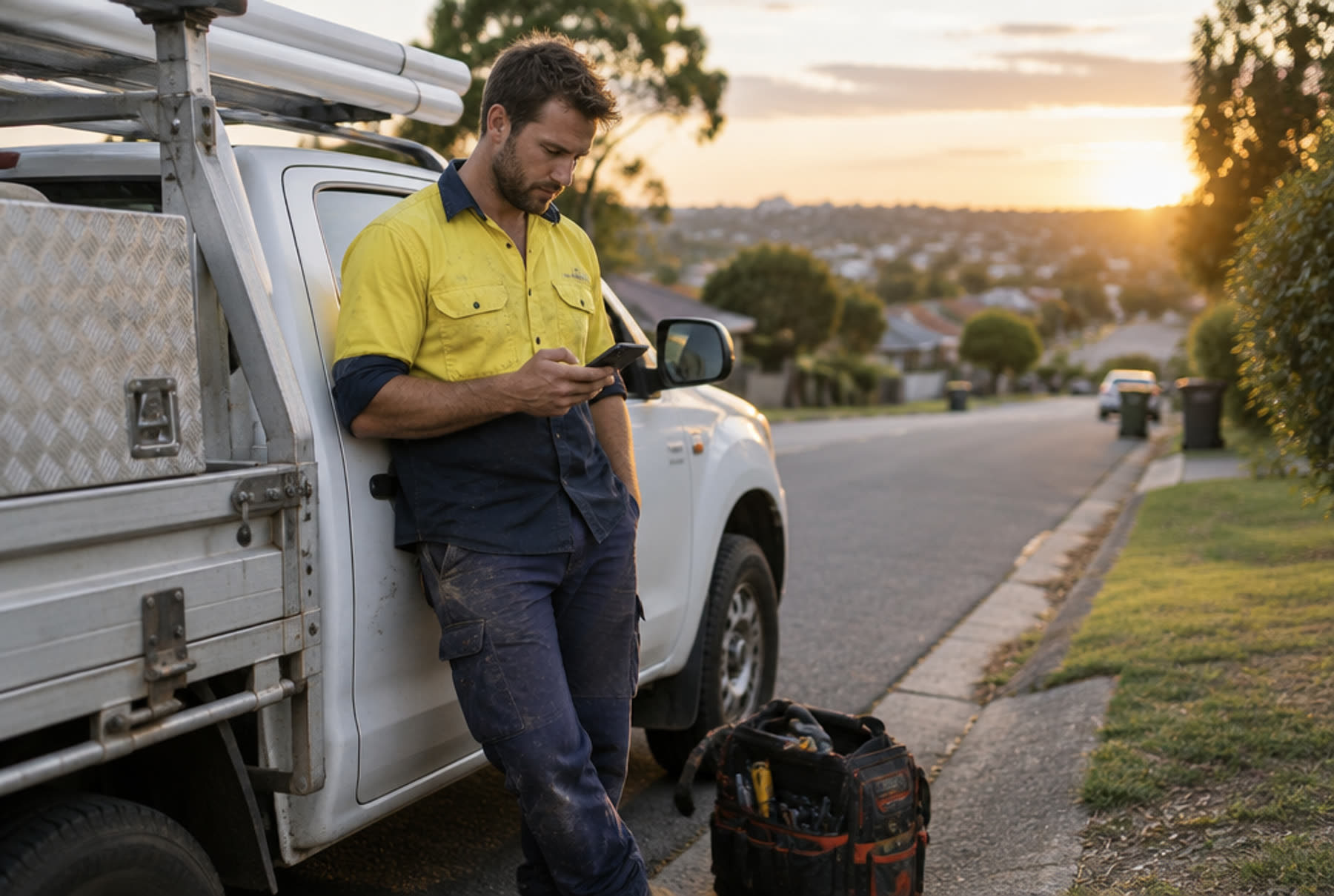 A plumber leaning on his ute at the end of the day, checking his phone